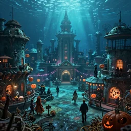 a horror based underwater suburb based on an amusement park during halloween that takes place incredibly deep underwater and is built on the idea of the lost city of atlantis, halloween decorations, underwater city, amusement park, spooky, amusement park attractions, deep sea, horror themed, fun, in the style of harper groff and robertryan cory