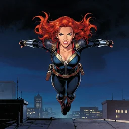 rafeal albuquerque comic art, joshua middleton comic art, cinematics lighting, night time, pretty scarlett johansson black widow, big smirk, symmetrical face, symmetrical eyes, long red hair, full symmetrical body, flying in the air, jumping off rooftop