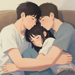 very close - up painting of three young people cuddling in the sofa, two guys and a girl, romantic, group hug, polyamory, highly detailed, smooth, stylized, vector line art, clean cel shaded vector art, by lois van baarle, ross tron, artgerm, helen huang, makoto shinkai, ilya kuvshinov, rossdraws