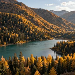 a scenic view of a kanas lake surrounding by taiga, golden hour, high resolution, by david noton