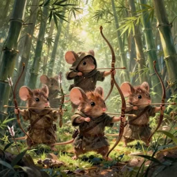 dungeons and dragons fantasy painting, mice ranger archers emerge from the forest, longbows, hooded cloaks, whimsical and cute, determined expressions, watery eyes, anime inspired by krenz cushart, brown fur, tufty whiskers, feathered arrows, bamboo forest, dawn lighting, by brian froud jessica rossier and greg rutkowski