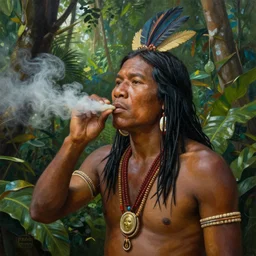a beautiful painting of an indigenous man taking tobacco snuff in the amazonian jungle , fantasy art, matte painting, highly detailed