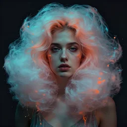 dramatic lighting photo of a beautiful young woman with cotton candy hair. paint splashes. moody and melancholy. with a little bit of cyan and orange. digital art by beeple