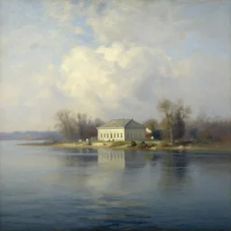 A serene landscape with a singular building in the style of Ivan Aivazovsky.