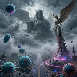 visually stunning, cinematic, ultra realistic, hyper realism, 1 2 k, epic, octane render, unreal engine, vfx, maya, cyberpunk brackets : laser cut paper microbes, storm god : mist of swirling clouds, galactic highway : magicpunk seraphim statue knight, by nadezda and david stoupakis