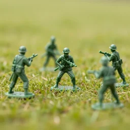 5 green plastic toy soldiers in a middle of a battle on a grassland. zoom in. DOF 100mm. F/1.8 45 over the head angle