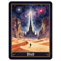 dixit card, desert, cliff temples, meteor, galaxy, focal point, character, sand dune, spire, dark fantasy. intricate, amazing composition, colorful watercolor, by ruan jia, by maxfield parrish, by shaun tan, by nc wyeth, by michael whelan, by escher, illustration, nightmare, backlit, volumetric
