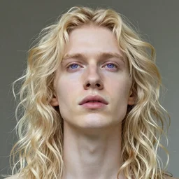 a portrait of a beautiful androgynous blond man, germanic pale white skin and long fluffy curly blond hair, sharp lavender eyes, Center parted curtain bangs, close up view, head and upper body, looking upward, fullface, light from above, by Peter Mohrbacher, trending on artstation, 8k