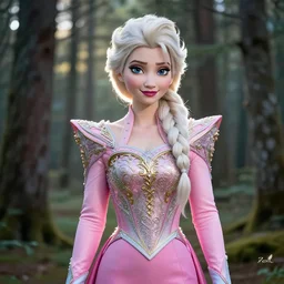 Beautiful elsa, Looks like pink ranger, In the woods, Dramatic, Edge, Good, Infused, Backlight, De-Noise, VFX, insanely detailed and intricate, hypermaximalist, elegant, ornate, hyper realistic, super detailed, by Anthony Van Dyck, by Ivan Shishkin, by John Constable