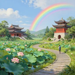 a gorgeous midsummer landscape painting by barlowe wayne maxfield parrish and marco mazzoni. lotus pond. chinese temple. the winding steps. ultra clear detailed. 3 d, octane render. a lonely rainbow