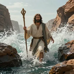 epic photo of moses parting the red sea, while holding the staff in hand, with water parting on both sides, left and right, amazing quality, cinematic, 8 k 1 0 2 4 x 1 0 2 4