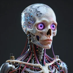 3D render of a STEAMpunk cyborg with translucent skull filled with a fractal of liquid mercury switches, neon eyeballs, titanium skeleton, anatomical, latex flesh and facial muscles, neon wires, microchips, electronics, veins, arteries, glowing, highly detailed, octane render, global lighting by H.R. Giger and Johanna Martine and Alex Grey, 8K HDR