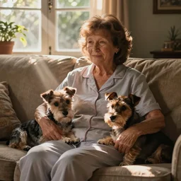 a 70 year old woman with brown hair, sits on her sofa, wearing pyjamas, with her two small terrier dogs cuddled up with her, one on each side, cinematic lighting, summer evening, light shafts streaming through window