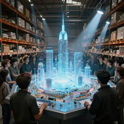 large group people in a huge warehouse, looking at a tabletop futuristic city hologram | cinematic concept art | godrays | 4 k | clear details | tabletop | tabletop | hologram foreground