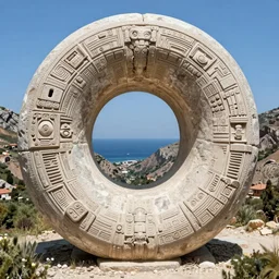 photograph of a gigantic paleolothic torus made of stone with highly detailed carvings of intricate shamanic robotic electronics and circuitry, in a mediterranean lanscape, inside a valley overlooking the sea, in the style of andreas rocha