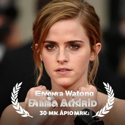 A photo of tough looking emma watson. she has wedding rings on his fingers. 50 mm. perfect ring. award winning photography