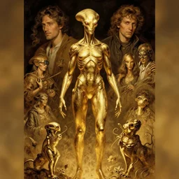 exquisite imaginative alien creature poster art, humanoid, gold, movie art, by lucusfilm, weta studio, tom bagshaw, james jean, frank frazetta alphonso mucha, norman rockwell, giu, moebius, 8 k, denoised