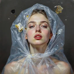 fine art portrait oil painting of a beautiful woman with garbage flying into her face, wearing a plastic garbage bag, perspective, ultra detailed, elegant, intricate, dynamic lighting, hyperrealism, sharp focus, art by peter mohrbacher and ashley wood and andrei riabovitchev