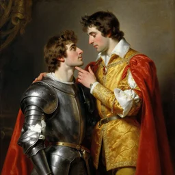 attractive male prince fully clothed confesses his love for his attractive male knight fully clothed. highly detailed painting by gaston bussiere, craig mullins, j. c. leyendecker 8 k