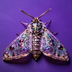 high quality close-up photo iridescent furry moth! jeweled gorgeous! highly detailed david ligare elson peter cinematic purple neon lighting high quality low angle hd 8k sharp shallow depth of field