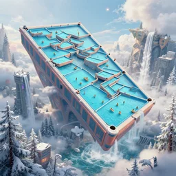 huge gargantuan angular dimension of infinite poolrooms, buildings by escher and ricardo bofill. utopian landscape by roger dean. magical realism, surrealism, wintery forest, waterfalls, clouds, mallsoft, vaporwave, trending on artstation, shot from below, epic scale
