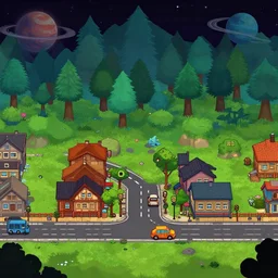 main street of a small town on an alien planet with an alien forest in background, from a space themed Serria point and click 2D graphic adventure game, made in 2019, high quality graphics