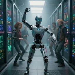 extremely detailed cinematic movie still 3 0 7 7 foggy portrait shot of a robot dancing in an endless data centre by denis villeneuve, wayne barlowe, simon birch, marc simonetti, philippe druillet, beeple, bright volumetric sunlight from small windows, rich moody colors, closeup
