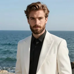detailed cinematic wide shot of beautiful attractive young man pericing white suit light brown hair thick beard slim face symettrical face clean skin blue eyes black clothes, ultra realistic, in sea, spring light, painting by gaston bussiere, craig mullins, j. c. leyendecker