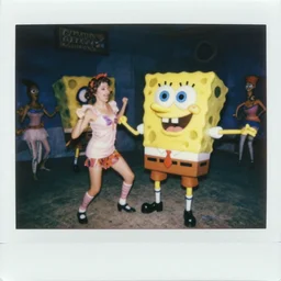a photograph of realistic bob esponja and ben 1 0 in a baile funk, furacao 2 0 0 0, ultra detailed, realistic, chromatic aberration, 8 0 s photograph, polaroid, horror