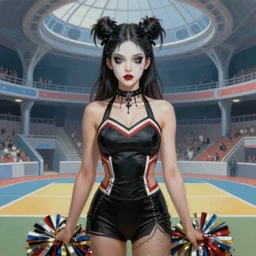 artstyle Tom Bagshaw, ultra realist soft painting of a single attractive cheerleader tight gothic cloths, curiosities carnival, partial symmetry accurate features, very intricate details, futuristic sport arena, focus, curvy, award winning
