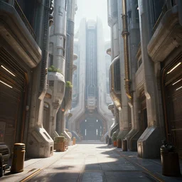 a futuristic alleyway from the far, far future in the 2 4 th century. bright scene. fine detail. this 4 k hd image is trending on artstation, featured on behance, well - rendered, extra crisp, features intricate detail, epic composition and the style of unreal engine.