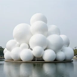 many white spherical soap bubble cell division buildings, designed by antti lovag, on calm water