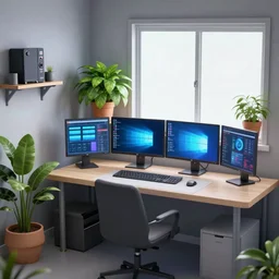 detailed scifi artstation scene of a complex computer workstation in a small studio apartment room, a potted plant, many monitors, many electronics, a window view, window curtain, maximalism, volumetric light, sunny amber morning light, sun beam, atmospheric haze, unreal engine, hyperrealism, realistic shading, blender render, photorealistic, wide shot