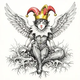 portrait The King of Fools, With a Jesters crown, Wings lift him up, Roots hold him down, pen and ink, intricate line drawings, by Yoshitaka Amano, Ruan Jia, Kentaro Miura, Artgerm, watercolor