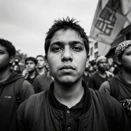hunnic protester face photo black and white wide angle lense