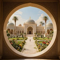 magical land through round gateway, arabic, highly detailed, intricate, french rococo