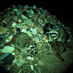 green - tinted night vision footage of a family of raccoon digging through a gigantic mound of trash and papers and junk