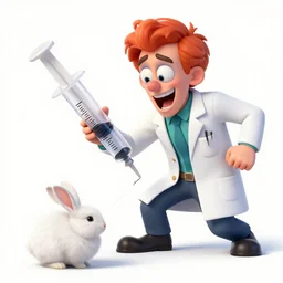 A psychedelic portrait of crazy doctor with giant syringe hunting a small white rabbit puffball, vibrant color scheme, highly detailed, in the style of romanticism, cinematic, artstation, Moebius, Greg rutkowski