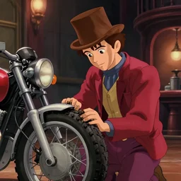 a film still of willie wonka's chocolate factory 1973, animation key shot of a focused auto mechanic repairing the tires of a motorcycle in the workshop garage, medium shot, waist up, studio Ghibli, Pixar and Disney animation, sharp, Rendered in Unreal Engine 5, anime key art by Greg Rutkowski, Bloom, dramatic lighting