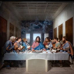The Last Supper, made of colored smoke. colored smoke looks like The Last Supper.