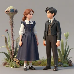 detailed, sharp, a girl and a boy standing next to some strange wild alien plants, wearing 1860s era clothes, their small pet tiny alien creature is standing nearby, in a park on a strange alien planet, hyperrealism, award winning photograph, 4k, cinematic lighting