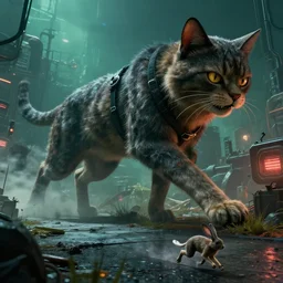 huge 🐈 hunting, by mark ryden in cyberpunk environment, 4 k ultra high resolution, 🐈 🏃 🐭, horror, long camera shot, tiny 🐭 fleeing