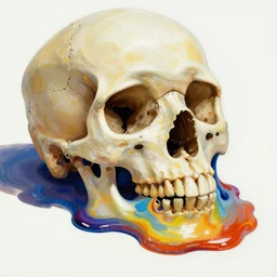 a skull melting in to a colorful painting made of gouache impasto