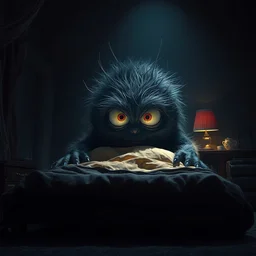 under the bed is a monster, furry, big eyes, dark, dramatic lighting, pixar bedroom scene, cinematic, highly detailed, beksinski, ruan jia, android jones, ross tran