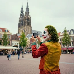 the joker admiring the church in delft city center, market square