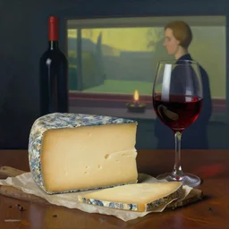 an achingly beautiful still life featuring tillamook cheese, and red wine by Raphael, Hopper, and Rene Magritte. detailed, romantic, enchanting, trending on artstation.