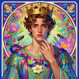 handsome, young man, eden, intense eyes, tears running down, crying, vaporwave aesthetic, synthwave, colorful, psychedelic, crown, long gown, flowers, bees, butterflies, ribbons, ornate, intricate, digital painting, artstation, concept art, smooth, sharp focus, illustration, art by artgerm and greg rutkowski and alphonse mucha