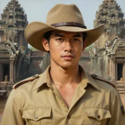 a smart and handsome and beautiful thai male dressed as hunter in armed, close - up portrait, with 6 0 s khaki western hat, khaki safari hunter costume, ancient khmer ruin in background, intricate, elegant, loin cloth, highly detailed, oil painting, artstation, concept art, matte, sharp focus, illustration, hearthstone, art by earl norem and lixin yin, hyperrealism