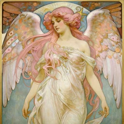 painting of a beautifully angel with long flowing pink hair, intricate, elegant, hyperdetailed, by alphonse mucha and william - adolphe bouguereau and john william waterhouse, trending on artstation