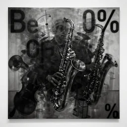 visual representation of be - bop jazz music, 5 0 % transparent black and white, abstract, dark, unreal, insightful, philosophical, multiple musical instruments, moma museum,